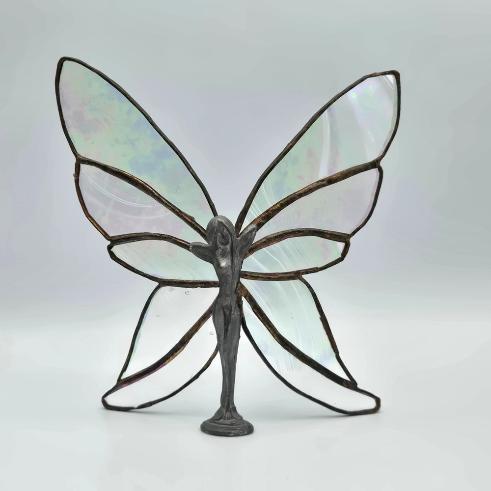 Vintage Stained Glass Butterfly Fairy Figurine Iridescent Wings Art Nouveau Look